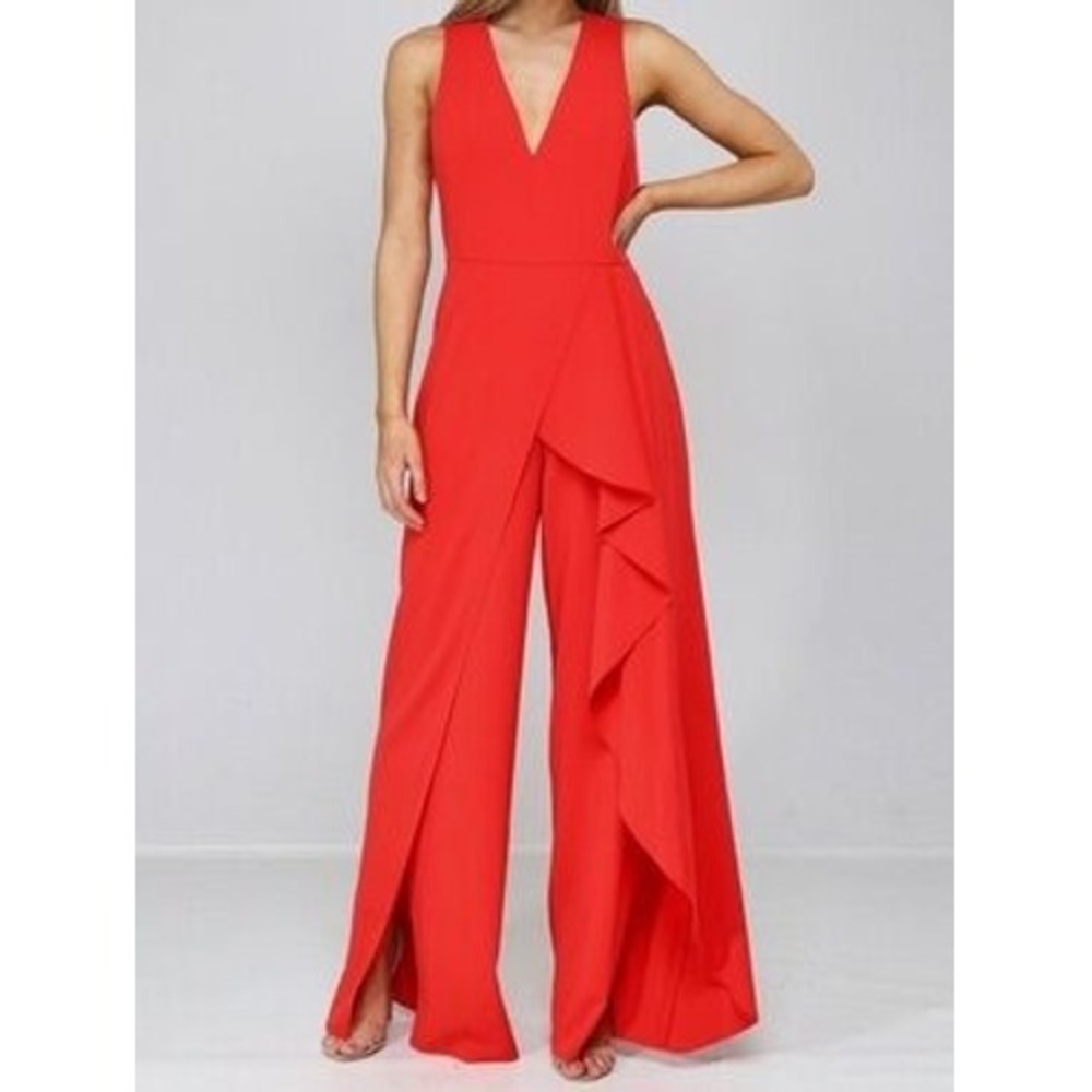 Alice + Olivia Red V-Neck Ruffle Wide-Leg Jumpsuit